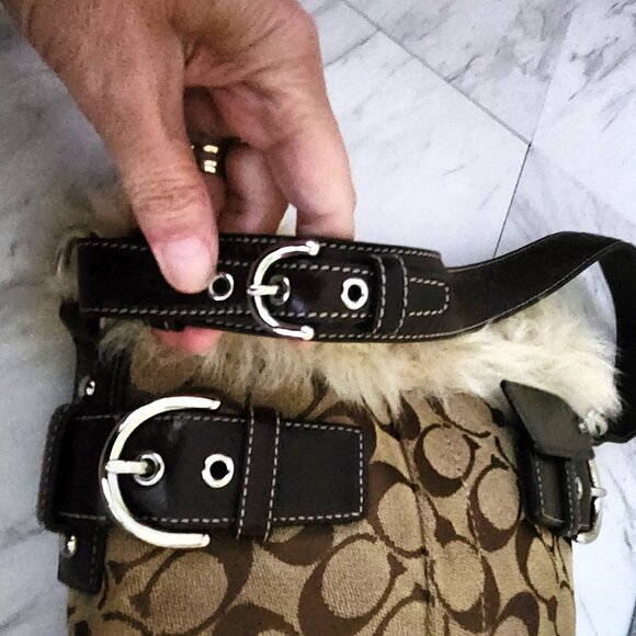 Euc Coach Signature Canvas Shearling Duffle Khaki Handbag Tote Bag Purse - Picture 8 of 13